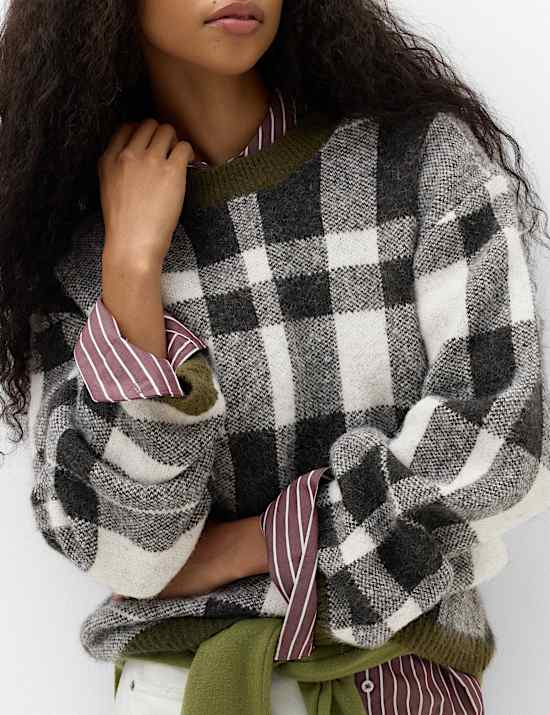 Checked Crew Neck Jumper with Wool