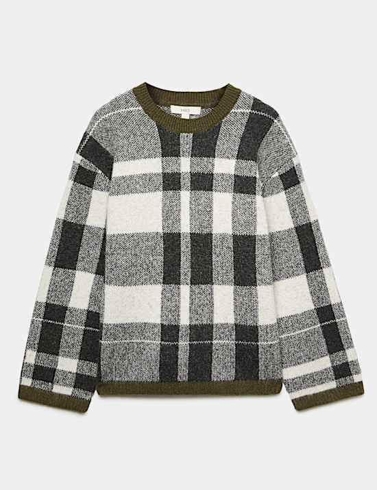 Checked Crew Neck Jumper with Wool