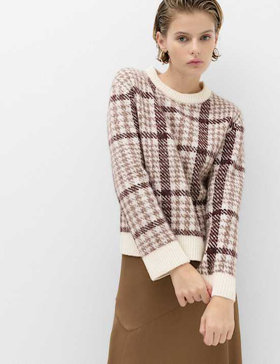 Dogtooth Crew Neck Relaxed Jumper With Wool