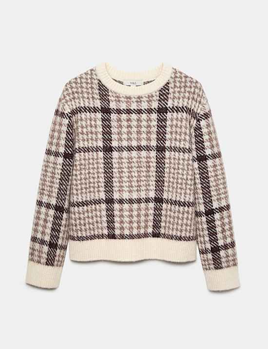 Dogtooth Crew Neck Relaxed Jumper With Wool