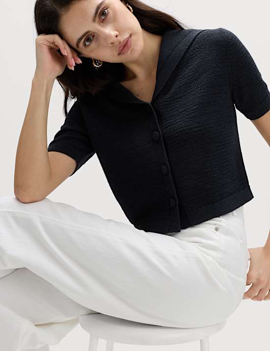 Cotton Blend Sailor Collared Cardigan