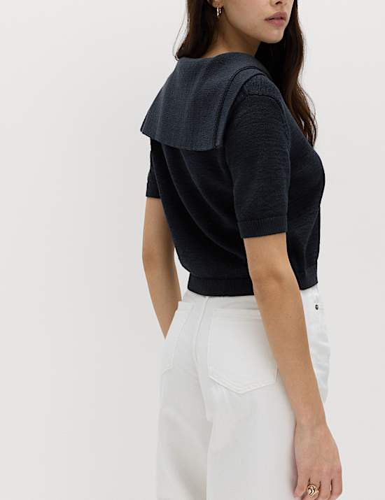 Cotton Blend Sailor Collared Cardigan