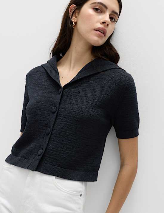 Cotton Blend Sailor Collared Cardigan