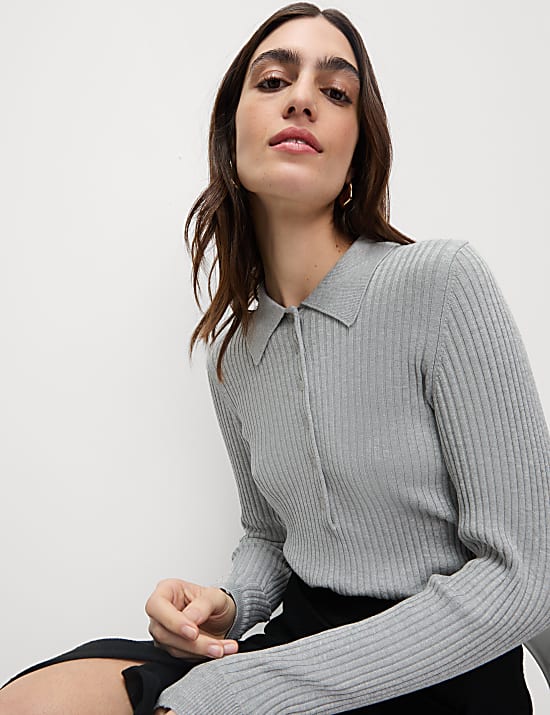 Ribbed Collared Button Detail Knitted Top