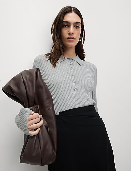 Ribbed Collared Button Detail Knitted Top