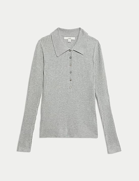 Ribbed Collared Button Detail Knitted Top