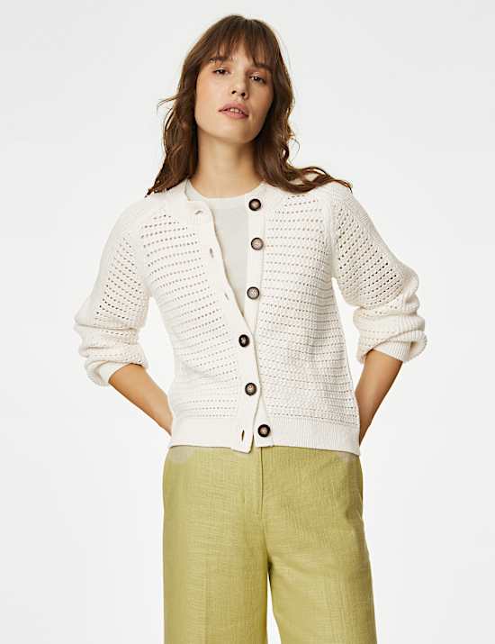Cotton Rich Textured Crew Neck Cardigan