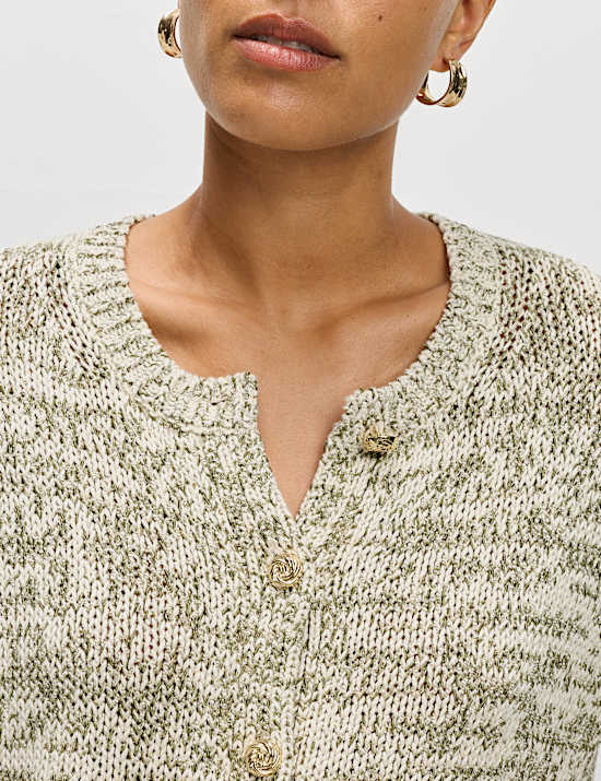 Cardigan en coton mélangé à manches courtes, fermeture avant boutonnée effet métallisé