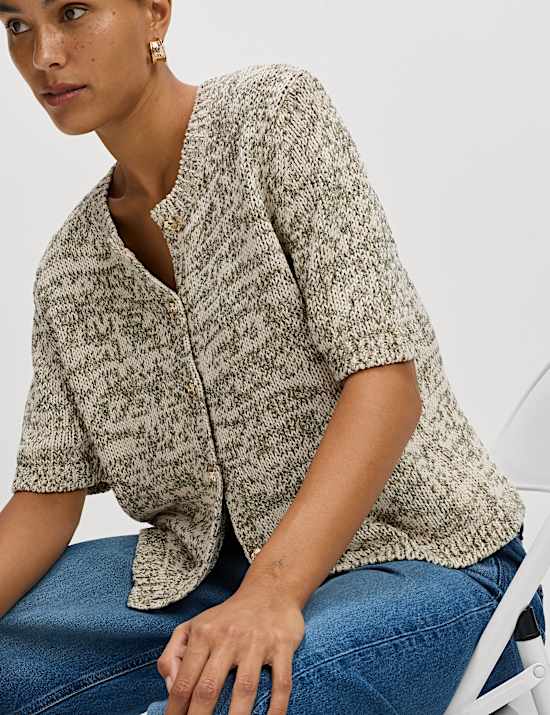 Cardigan en coton mélangé à manches courtes, fermeture avant boutonnée effet métallisé