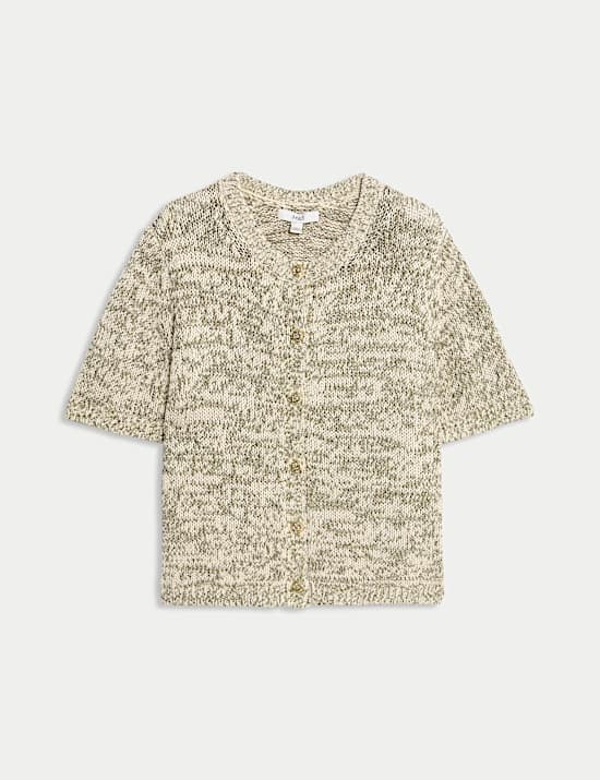 Cardigan en coton mélangé à manches courtes, fermeture avant boutonnée effet métallisé