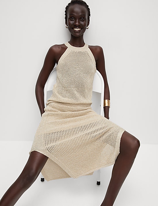 Falda de punto a media pierna de algod&oacute;n texturizada