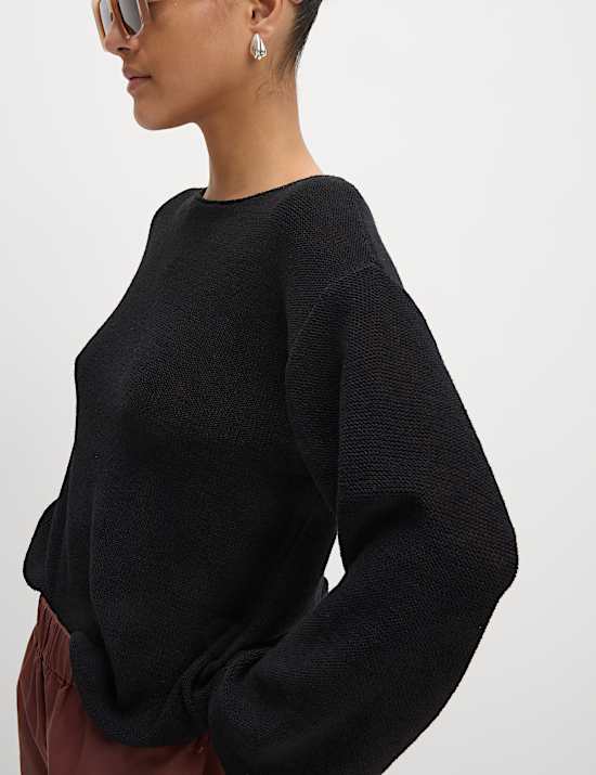 Cotton Blend Textured Crew Neck Jumper