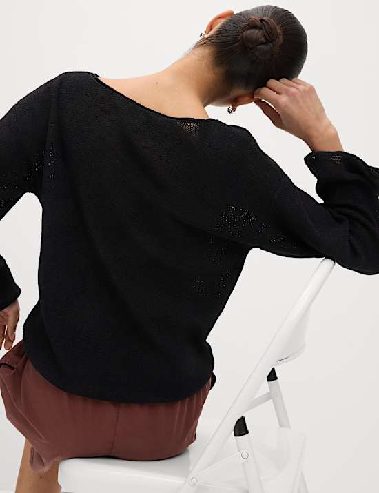 Cotton Blend Textured Crew Neck Jumper