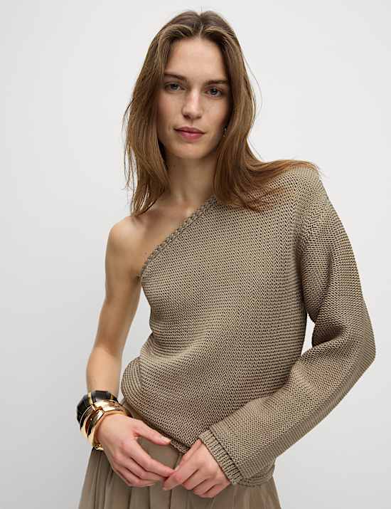 One Shoulder Slim Fit Textured Knitted Top