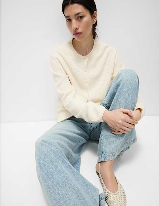 Kardigan Kerah Bundar Bahan Katun dengan Hiasan