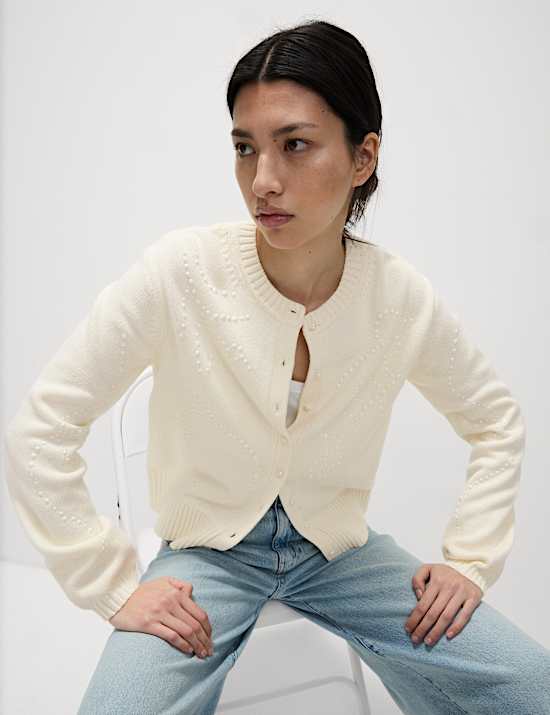 Kardigan Kerah Bundar Bahan Katun dengan Hiasan