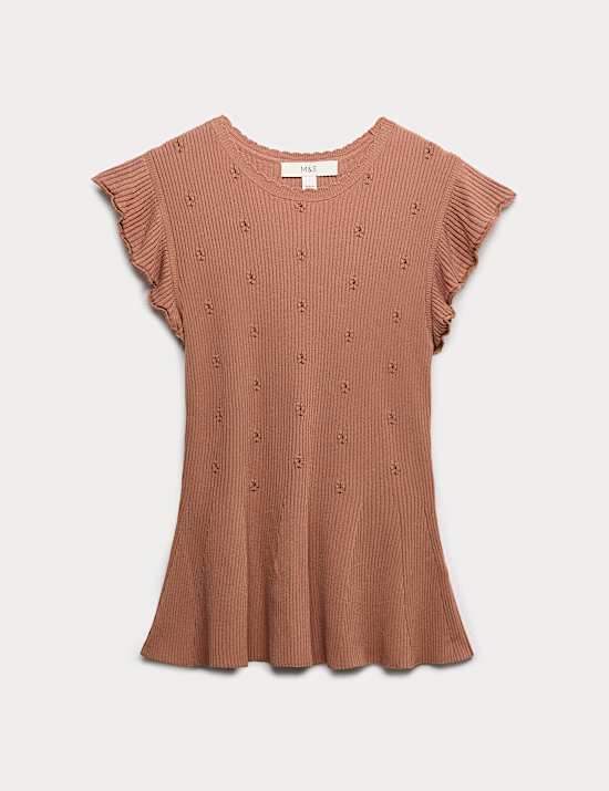 Gebreide, geribbelde top met aangerimpelde taille en ruches