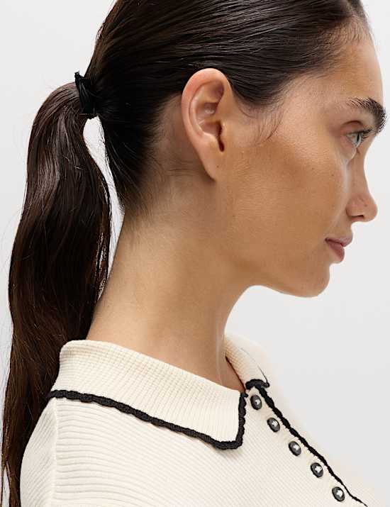 Ribbed Collared Button Detail Knitted Top