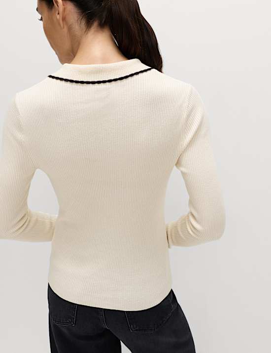 Ribbed Collared Button Detail Knitted Top