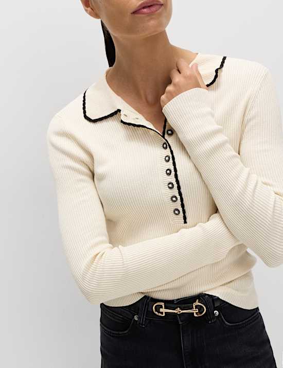 Ribbed Collared Button Detail Knitted Top