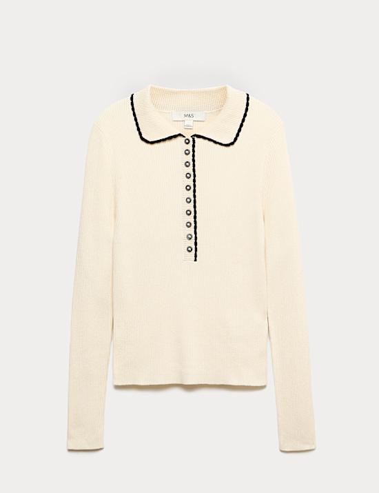 Ribbed Collared Button Detail Knitted Top