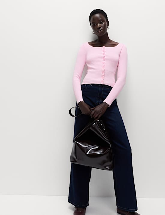 Square Neck Scallop Edge Slim Fit Cardigan