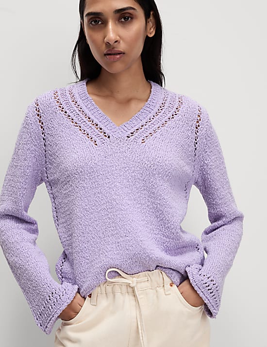 Cotton Rich Textured V-Neck Slub Jumper