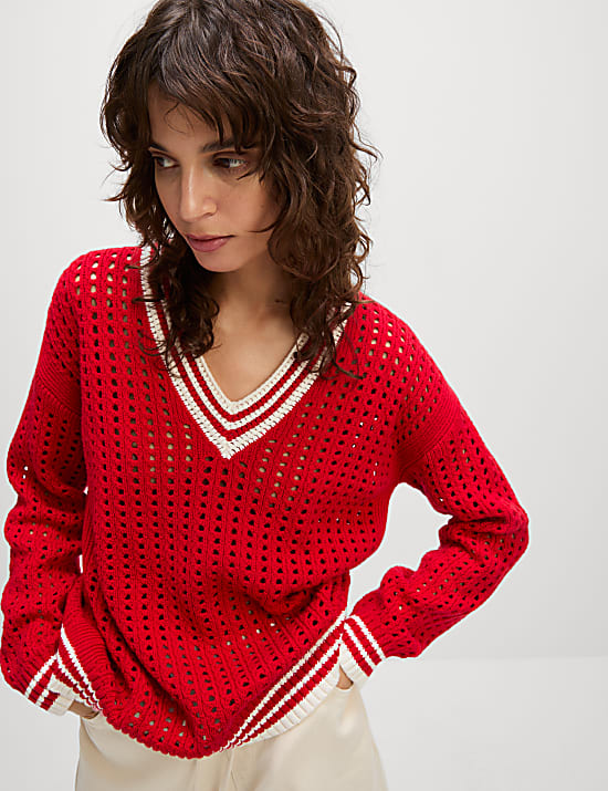 Pull en coton &agrave; bordure contrast&eacute;e et motif textur&eacute;