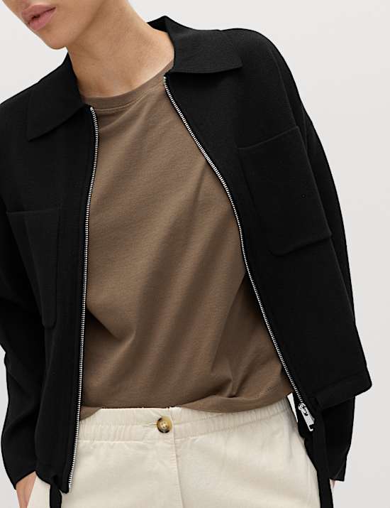 Collared Zip Up Relaxed Knitted Jacket