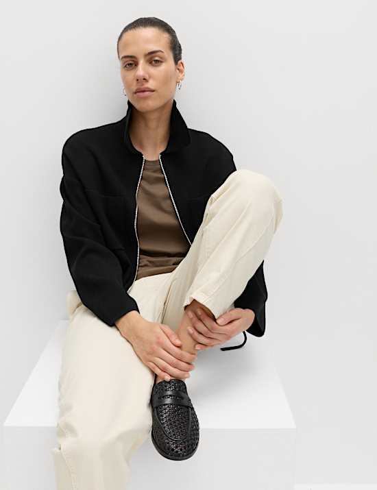 Collared Zip Up Relaxed Knitted Jacket