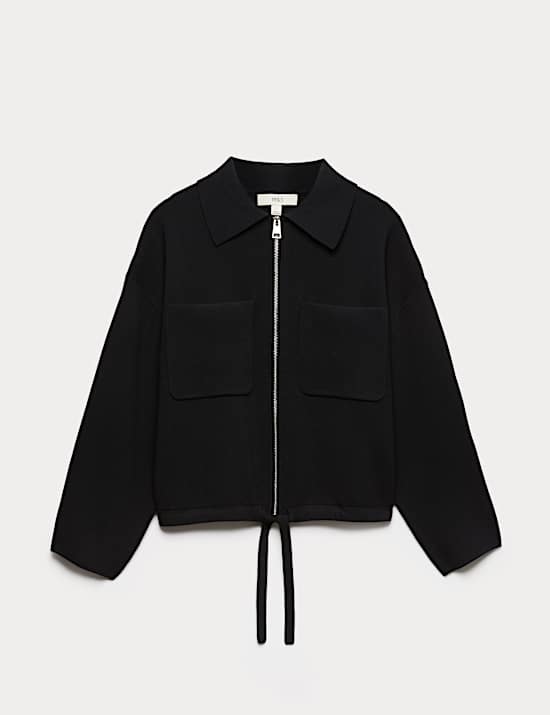 Collared Zip Up Relaxed Knitted Jacket