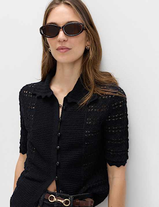 Cardigan en coton m&eacute;lang&eacute; &agrave; maille ajour&eacute;e