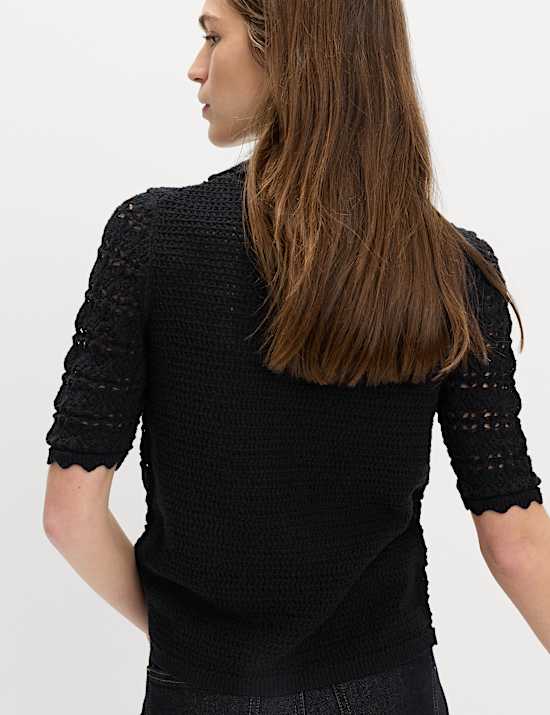 Cardigan en coton m&eacute;lang&eacute; &agrave; maille ajour&eacute;e