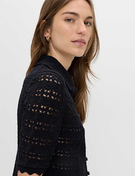 Cardigan en coton m&eacute;lang&eacute; &agrave; maille ajour&eacute;e