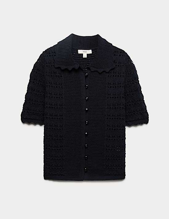 Cardigan en coton m&eacute;lang&eacute; &agrave; maille ajour&eacute;e