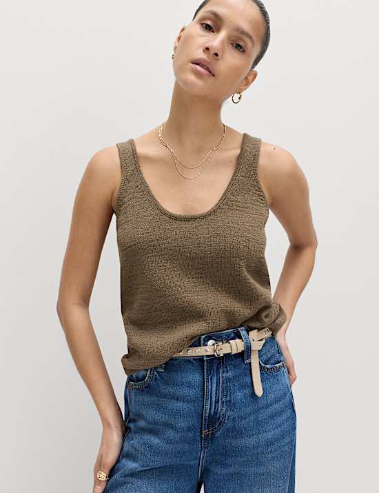 Camiseta de punto texturizado de escote pronunciado con mezcla de algod&oacute;n