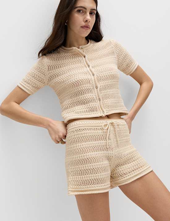 Cotton Blend Tie Front Knitted Shorts