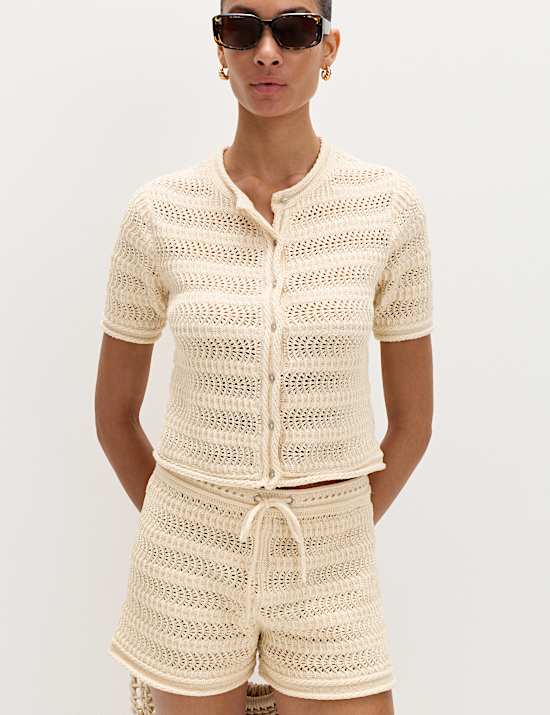 Cotton Blend Tie Front Knitted Shorts
