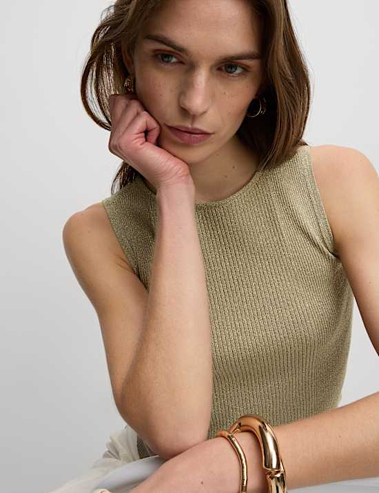 Metallic Ribbed Crew Neck Cropped Vest Top