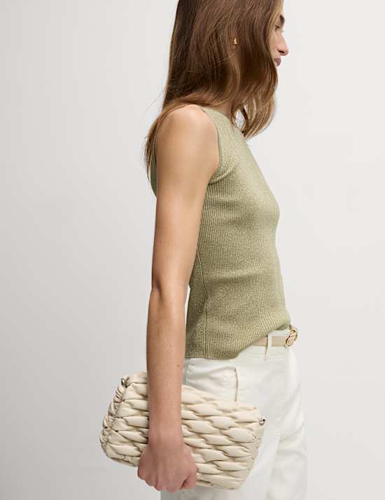 Metallic Ribbed Crew Neck Cropped Vest Top
