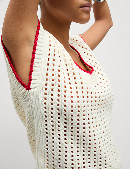 Cotton Rich Textured V-Neck Knitted Vest