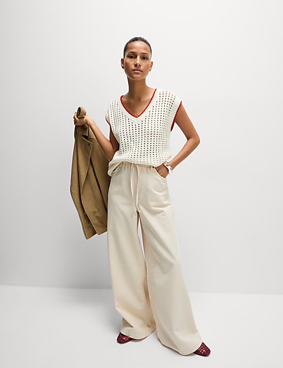 Cotton Rich Textured V-Neck Knitted Vest