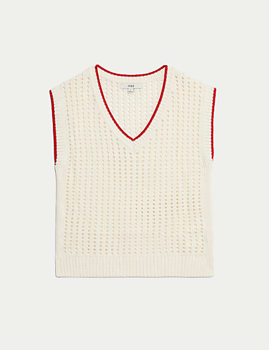 Cotton Rich Textured V-Neck Knitted Vest