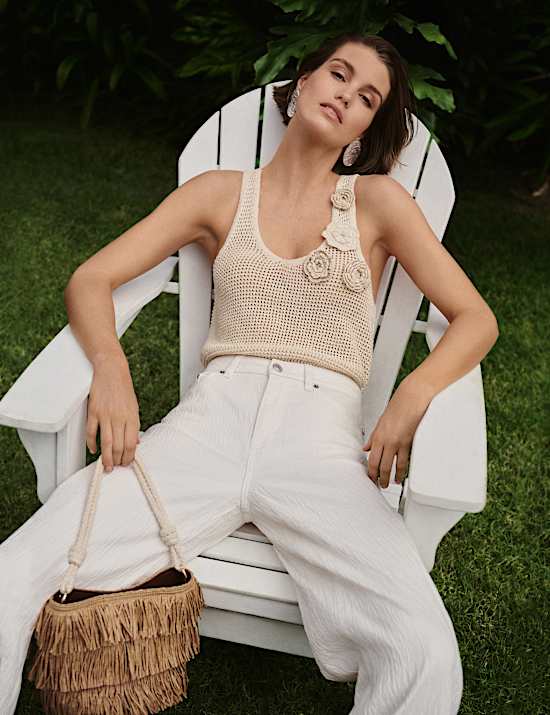 Cotton Blend Crochet-Style Knitted Vest