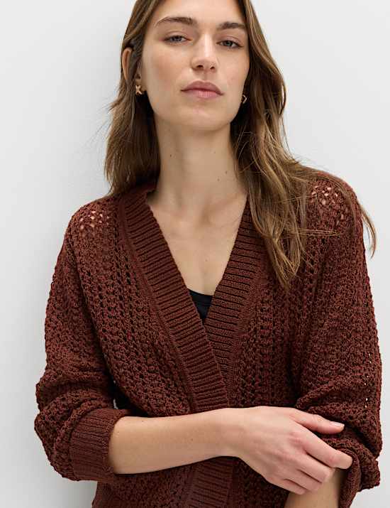 Cardigan court coupe d&eacute;contract&eacute;e en coton m&eacute;lang&eacute; &agrave; maille ajour&eacute;e