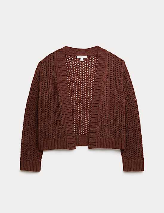 Cardigan court coupe d&eacute;contract&eacute;e en coton m&eacute;lang&eacute; &agrave; maille ajour&eacute;e