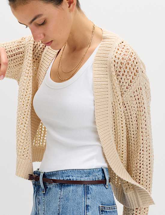 Cotton Blend Open Stitch Relaxed Cropped Cardigan