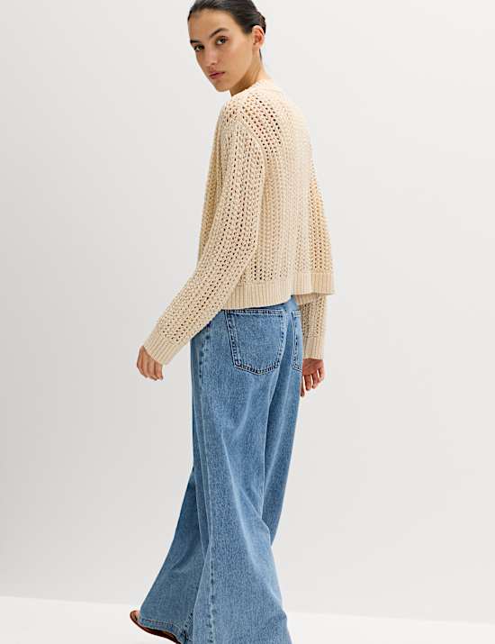 Cotton Blend Open Stitch Relaxed Cropped Cardigan