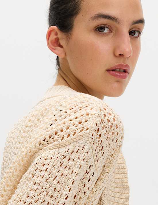 Cotton Blend Open Stitch Relaxed Cropped Cardigan