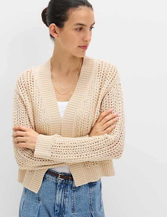 Cotton Blend Open Stitch Relaxed Cropped Cardigan